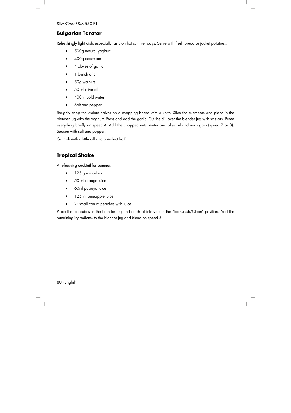 Bulgarian tarator, Tropical shake | Silvercrest SSM 550 E1 User Manual | Page 82 / 90