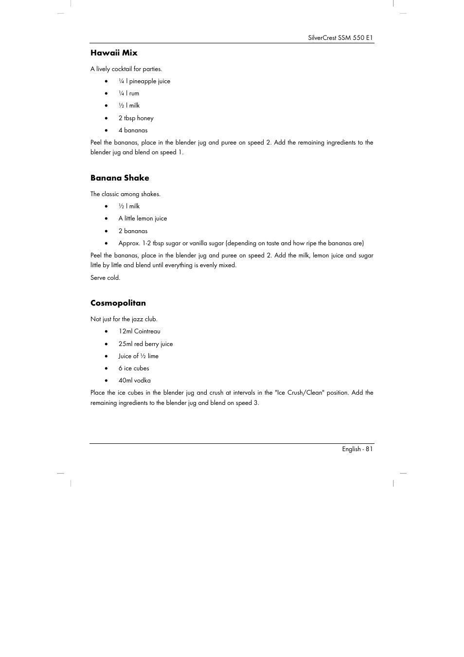 Hawaii mix, Banana shake, Cosmopolitan | Silvercrest SSM 550 E1 User Manual | Page 83 / 90