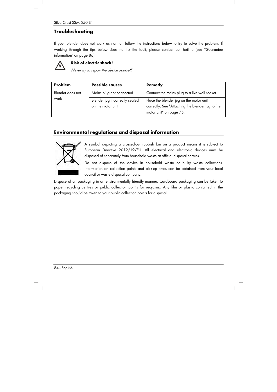 Troubleshooting, Environmental regulations and disposal information | Silvercrest SSM 550 E1 User Manual | Page 86 / 90