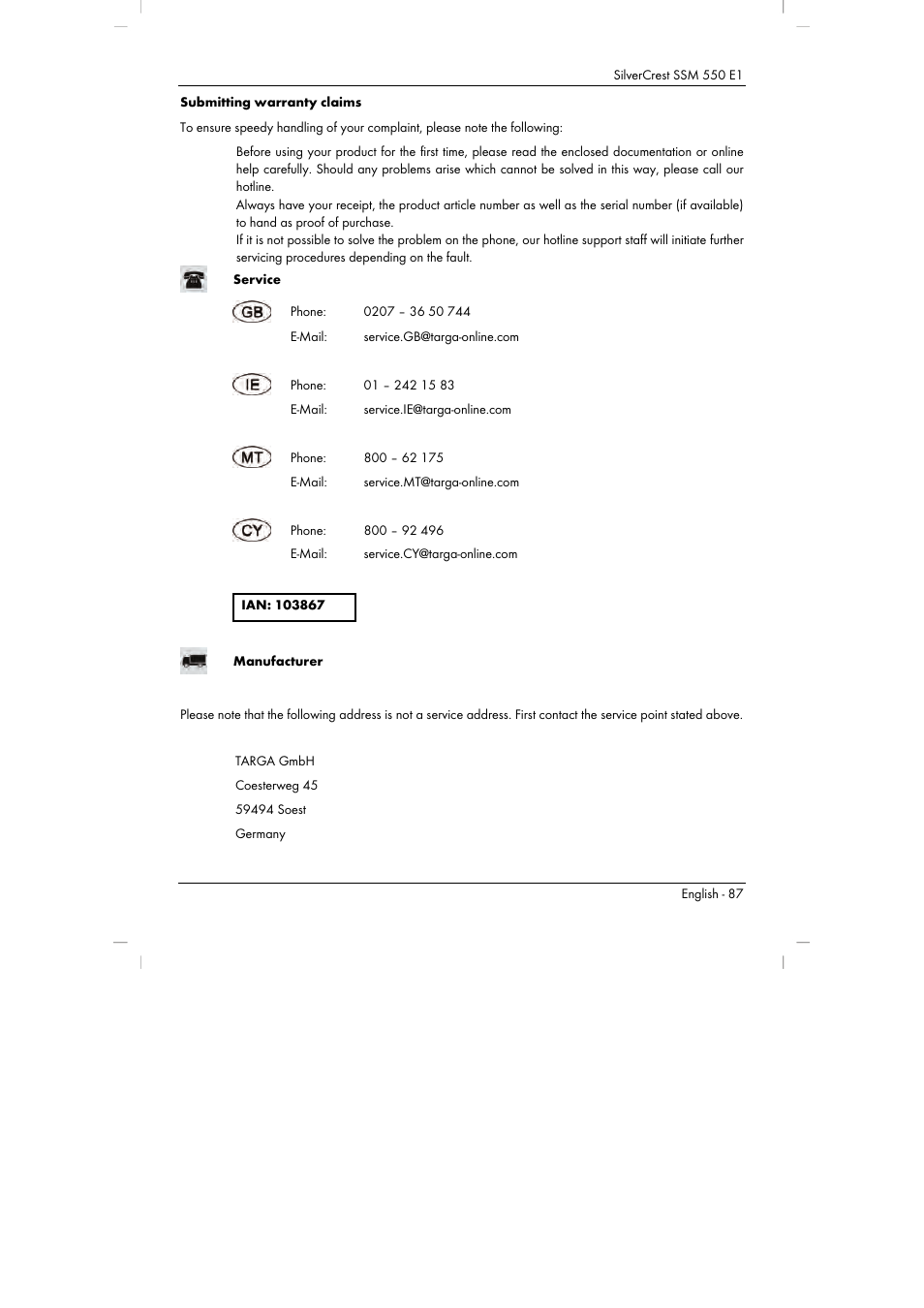 Silvercrest SSM 550 E1 User Manual | Page 89 / 90