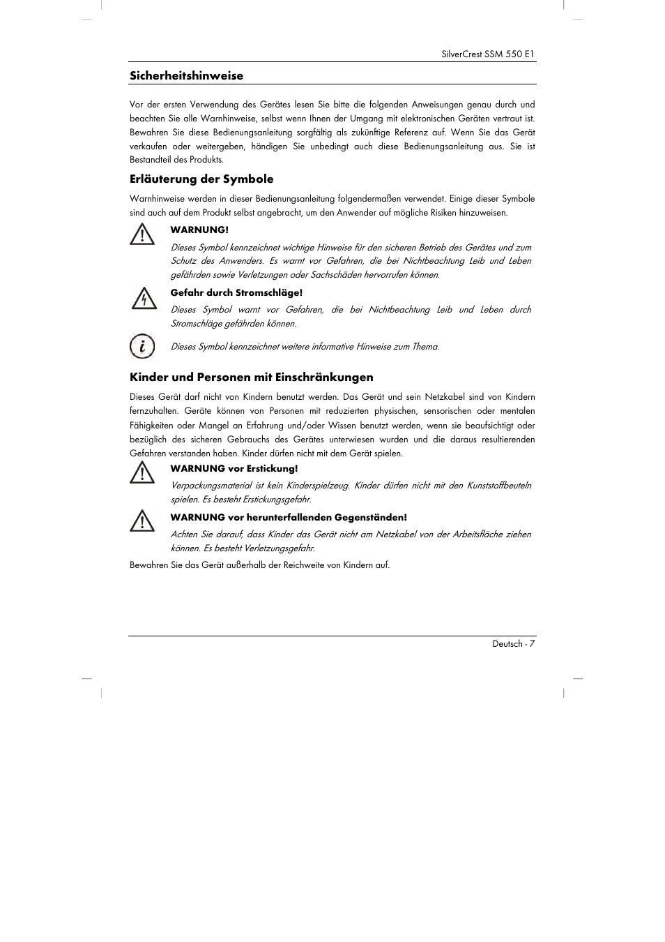 Sicherheitshinweise, Erläuterung der symbole, Kinder und personen mit einschränkungen | Silvercrest SSM 550 E1 User Manual | Page 9 / 90