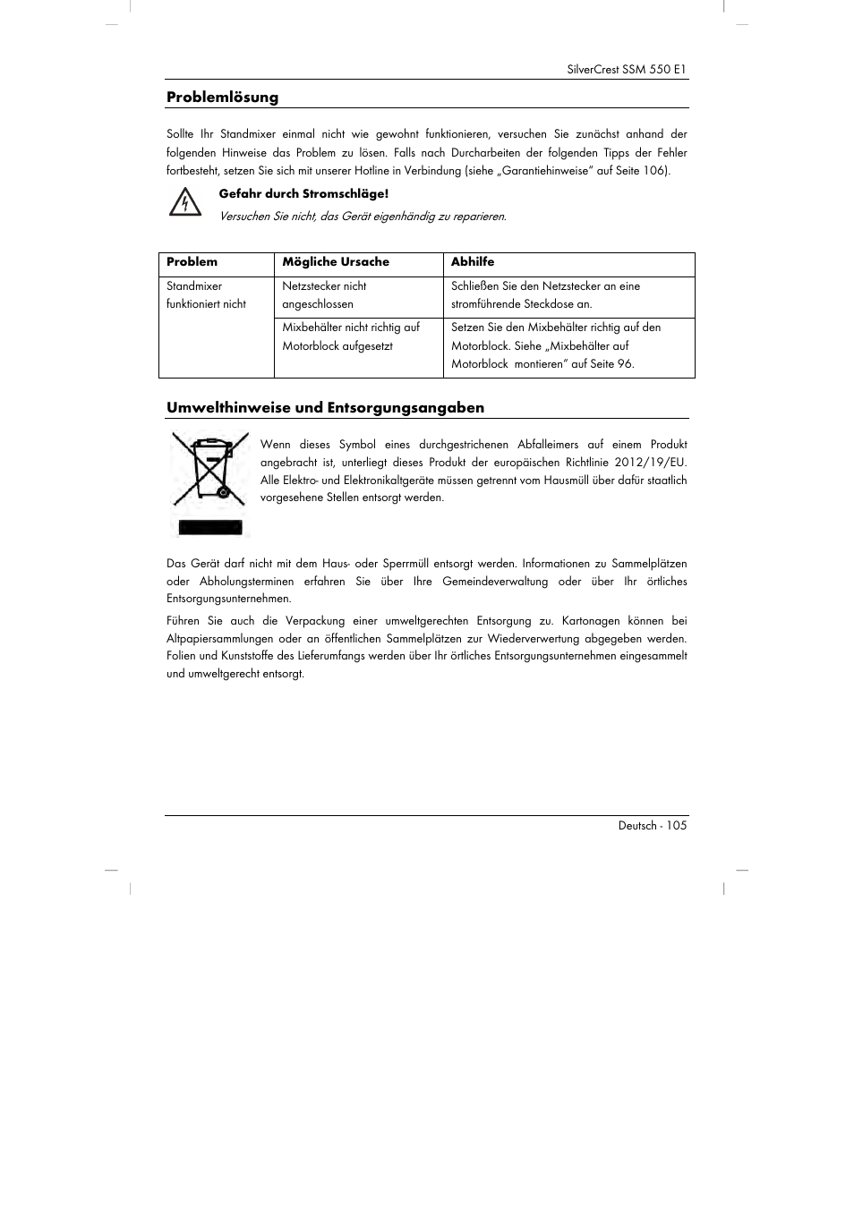 Problemlösung, Umwelthinweise und entsorgungsangaben | Silvercrest SSM 550 E1 User Manual | Page 107 / 110