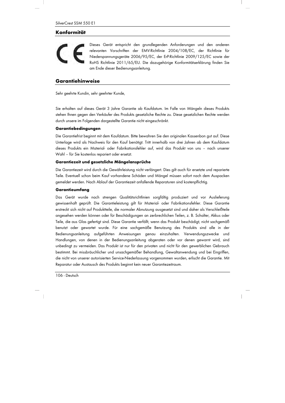 Konformität, Garantiehinweise | Silvercrest SSM 550 E1 User Manual | Page 108 / 110