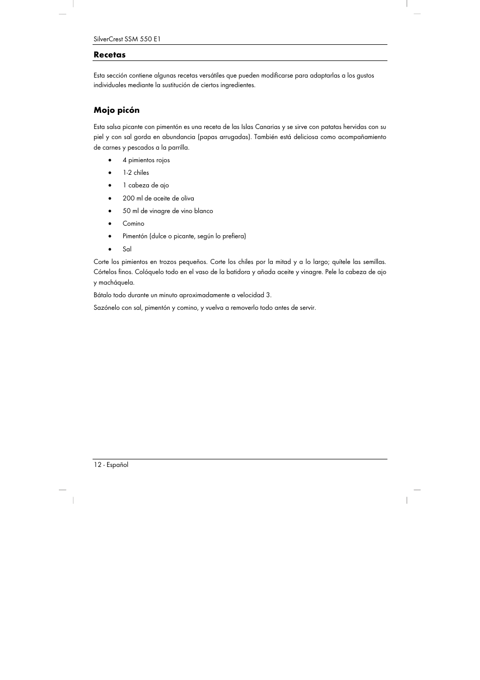 Recetas, Mojo picón | Silvercrest SSM 550 E1 User Manual | Page 14 / 110