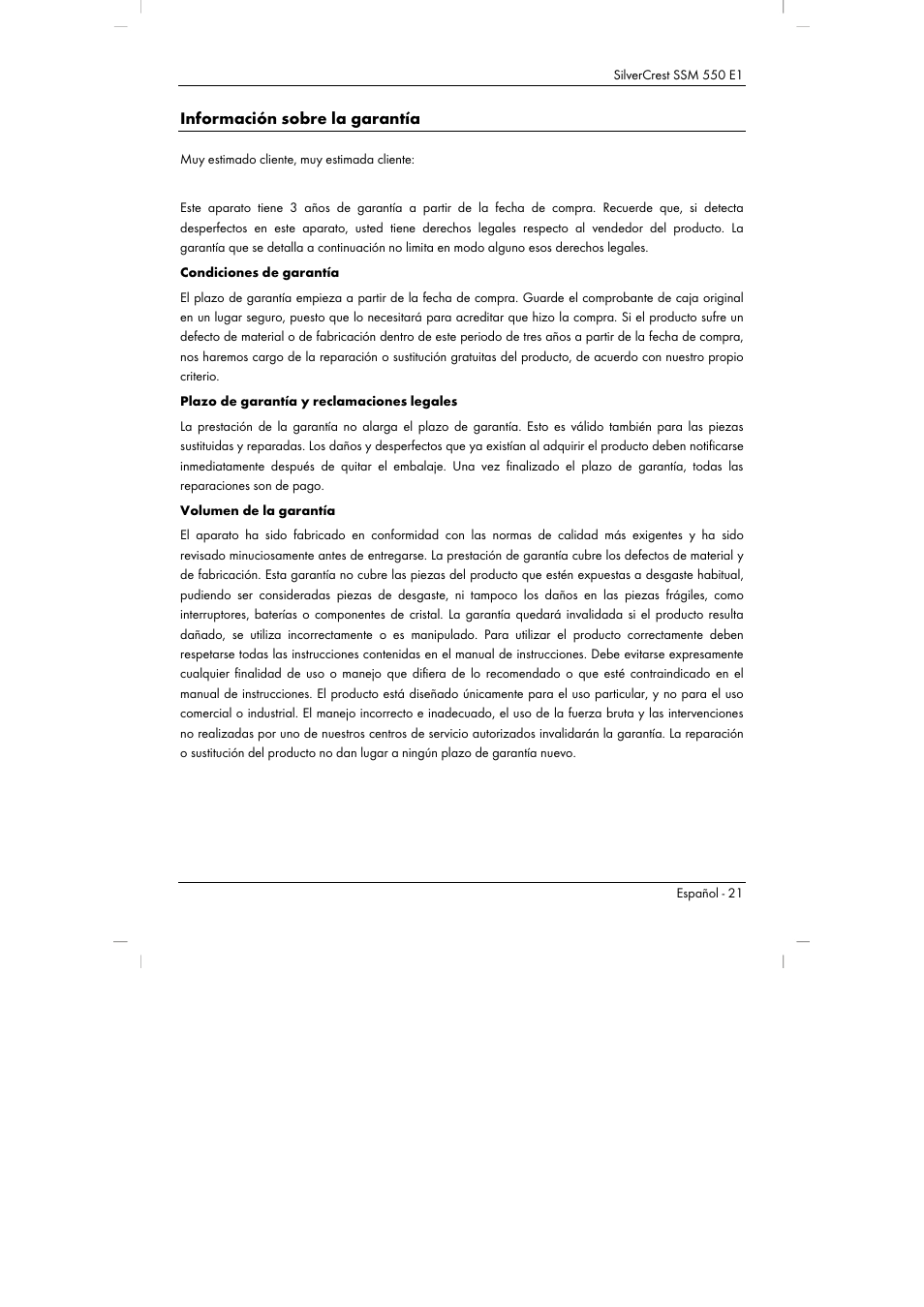 Información sobre la garantía | Silvercrest SSM 550 E1 User Manual | Page 23 / 110