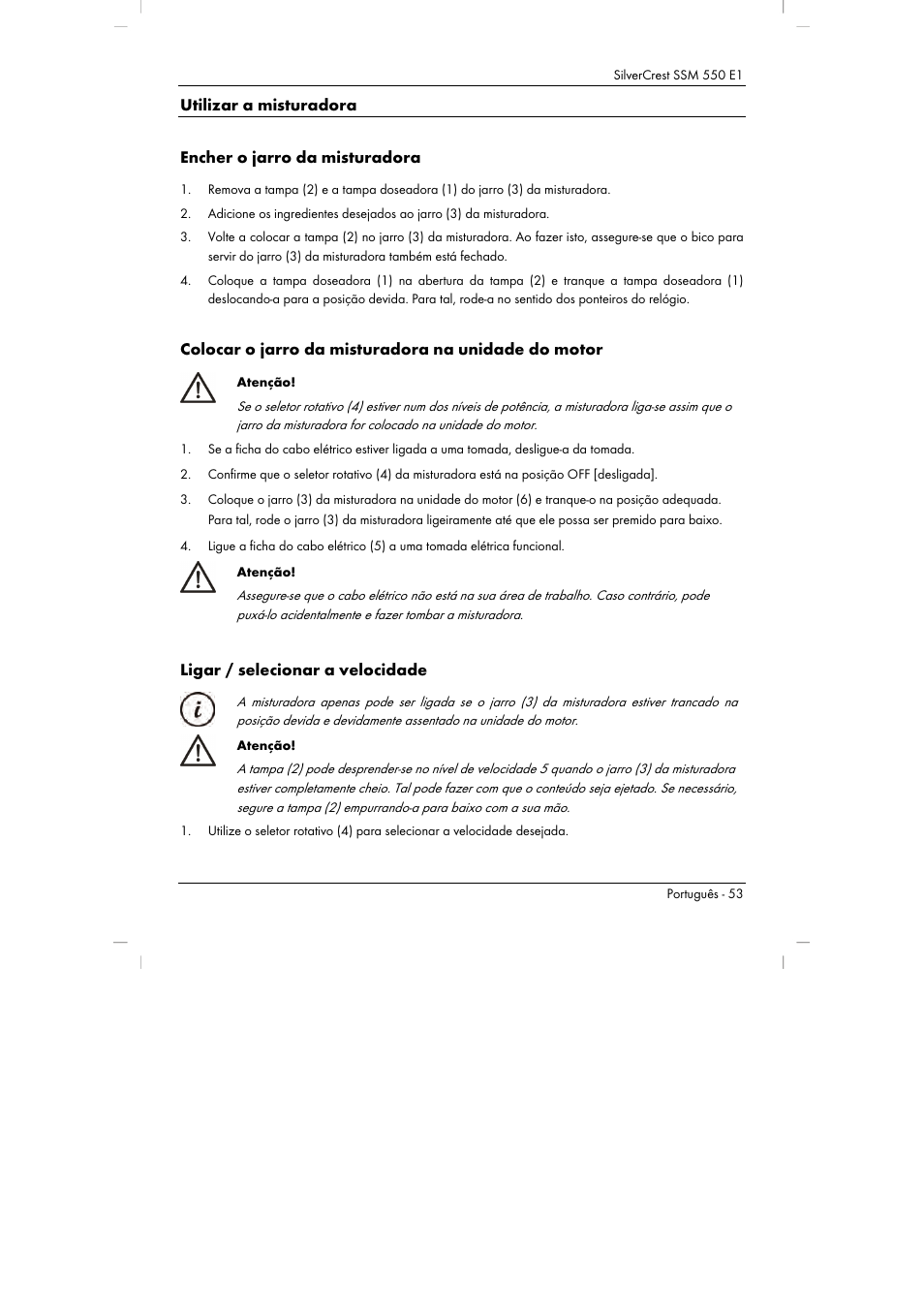 Colocar o jarro da misturadora na unidade do motor, Ligar / selecionar a velocidade | Silvercrest SSM 550 E1 User Manual | Page 55 / 110