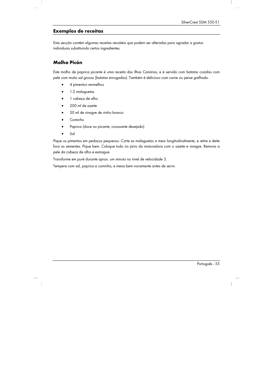 Exemplos de receitas, Molho picón | Silvercrest SSM 550 E1 User Manual | Page 57 / 110