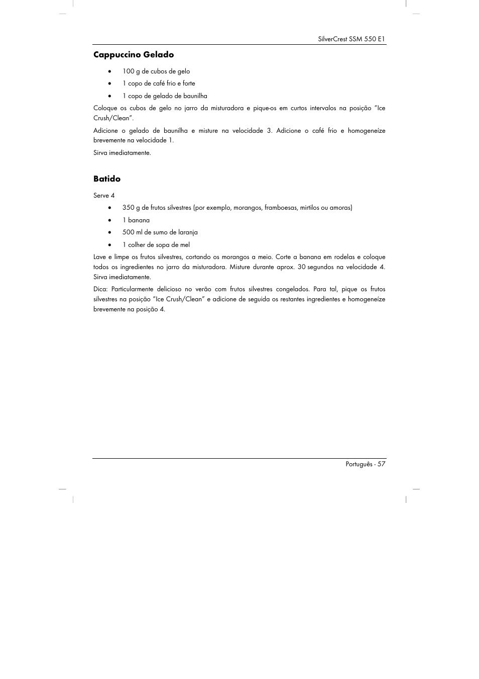 Cappuccino gelado, Batido | Silvercrest SSM 550 E1 User Manual | Page 59 / 110