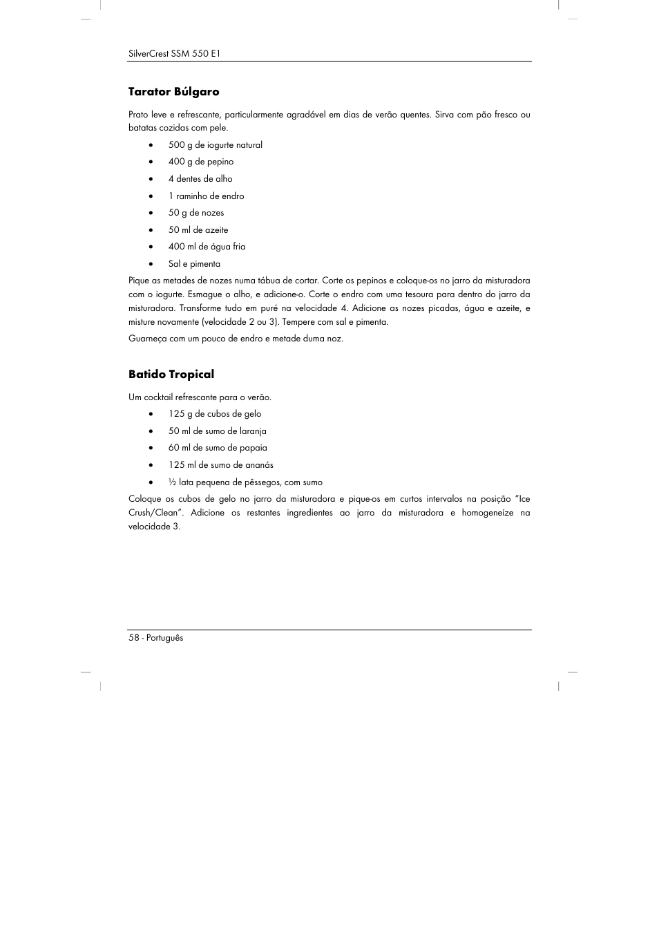 Tarator búlgaro, Batido tropical | Silvercrest SSM 550 E1 User Manual | Page 60 / 110