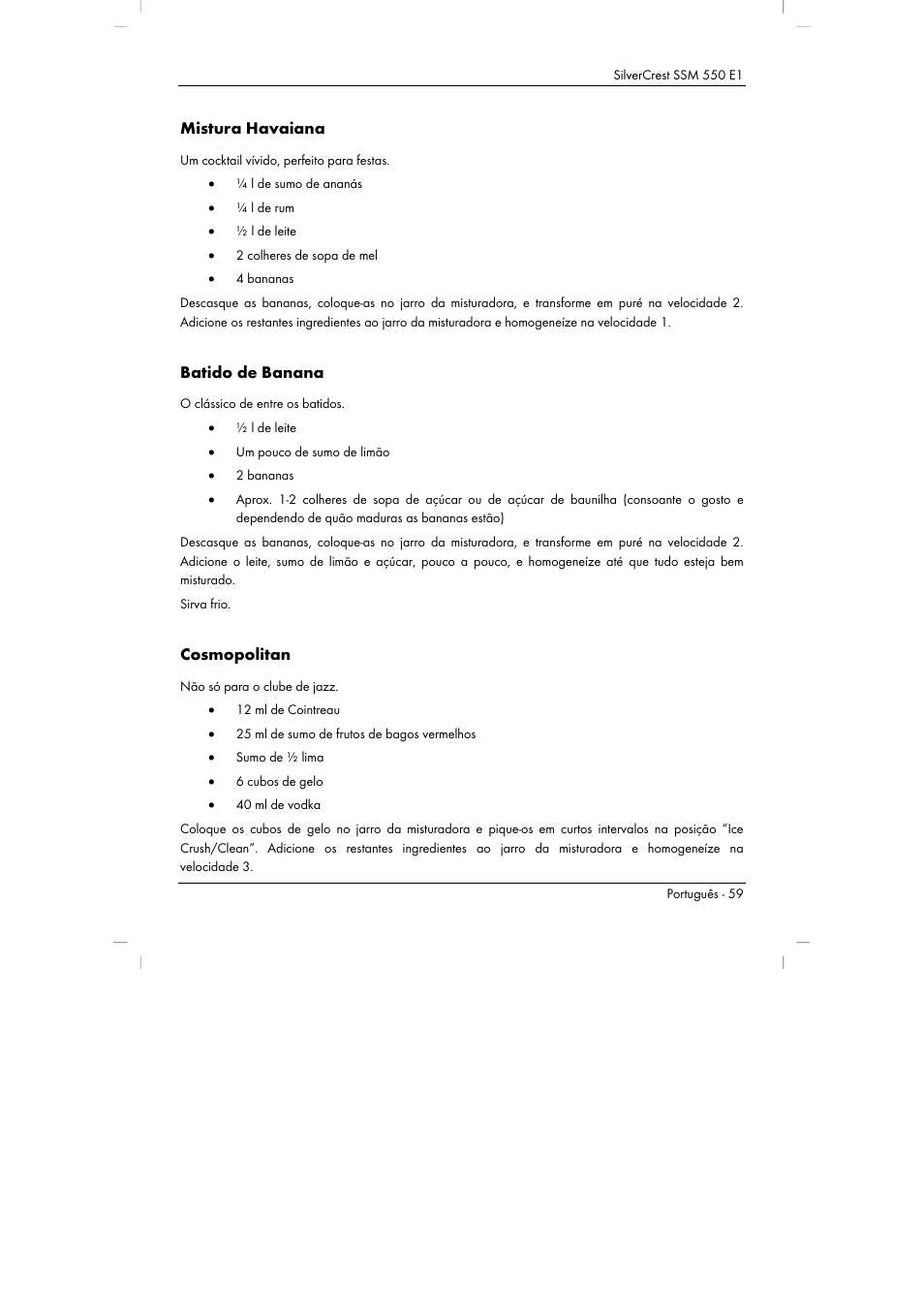 Mistura havaiana, Batido de banana, Cosmopolitan | Silvercrest SSM 550 E1 User Manual | Page 61 / 110