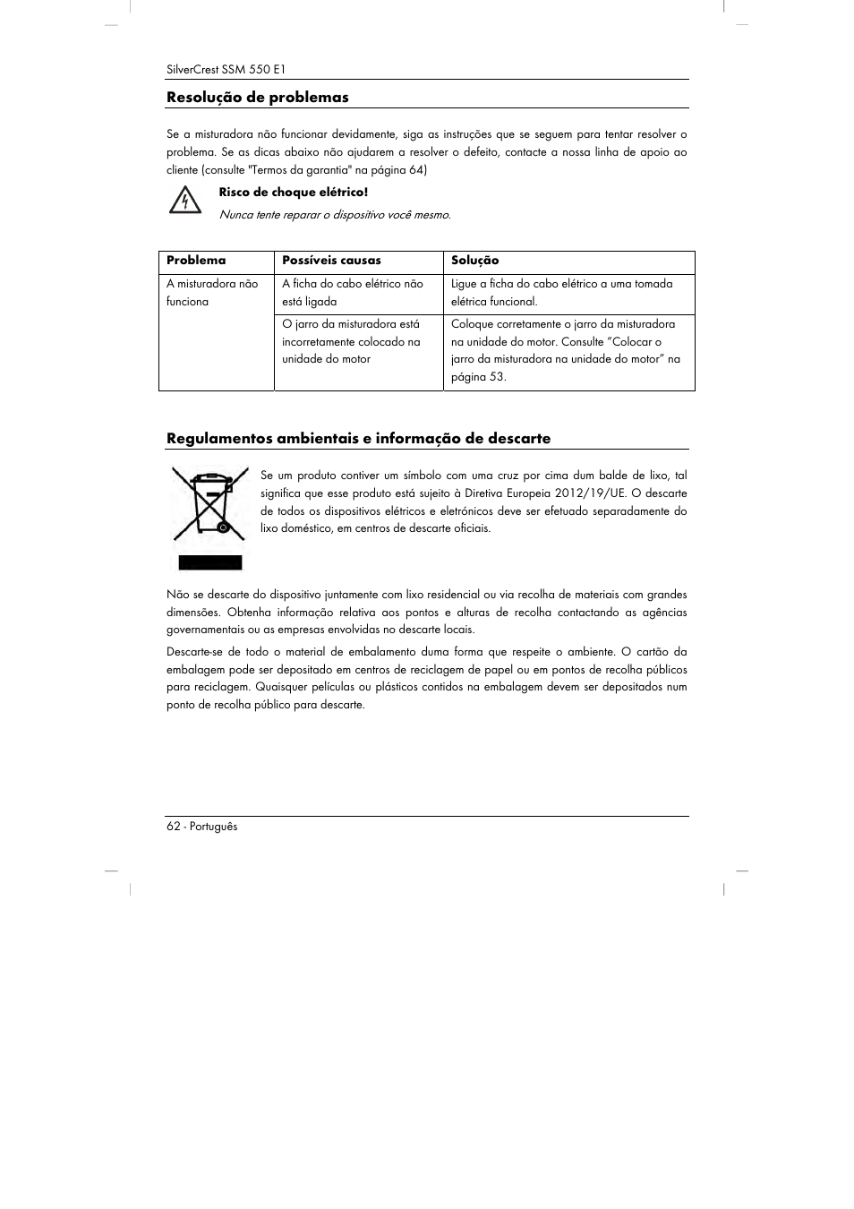 Resolução de problemas, Regulamentos ambientais e informação de descarte | Silvercrest SSM 550 E1 User Manual | Page 64 / 110