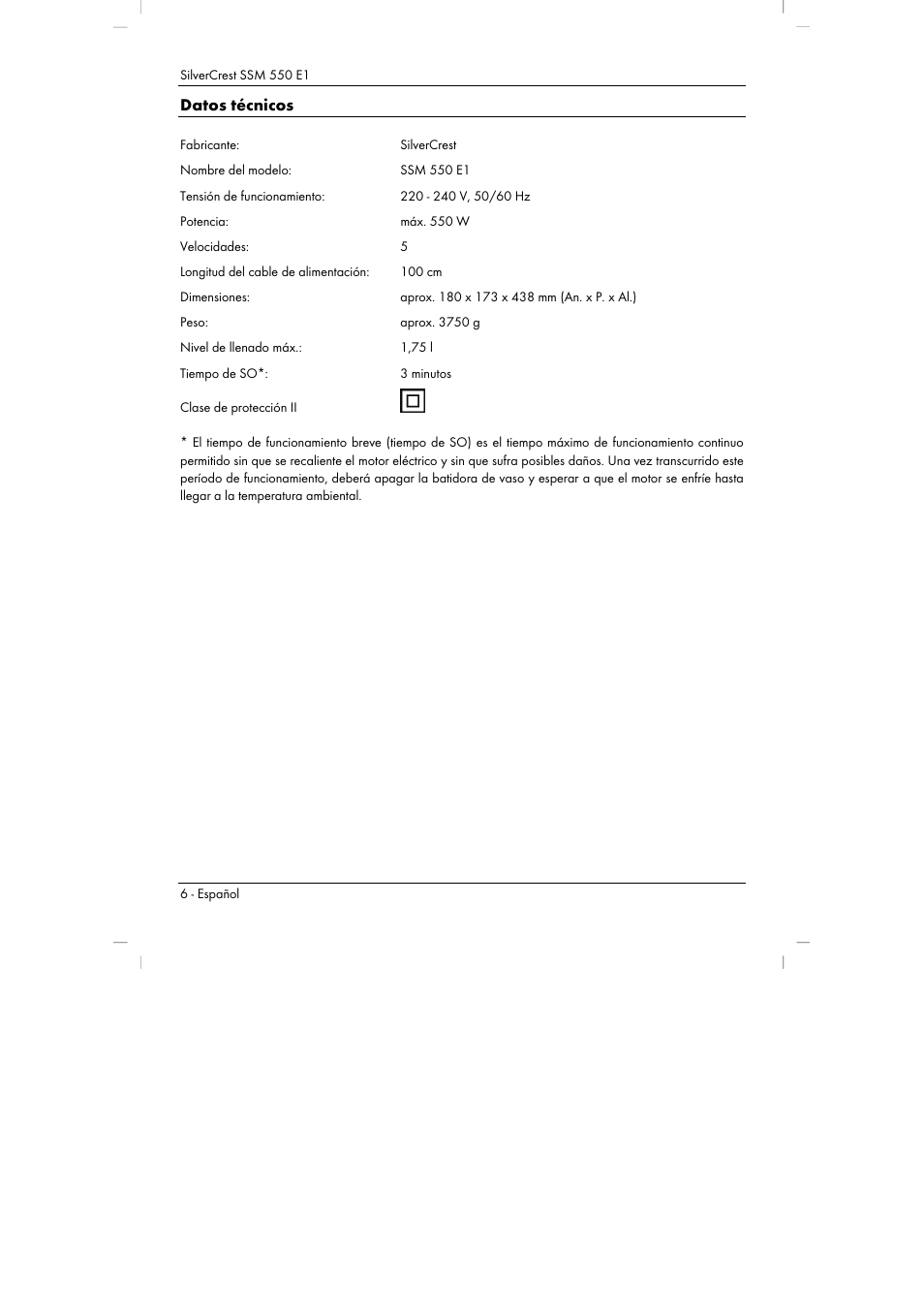 Datos técnicos | Silvercrest SSM 550 E1 User Manual | Page 8 / 110