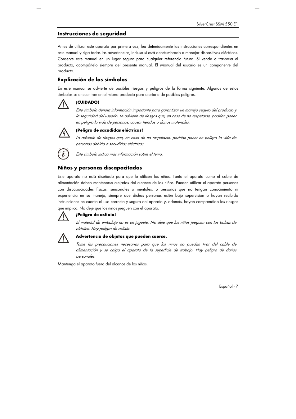 Instrucciones de seguridad, Explicación de los símbolos, Niños y personas discapacitadas | Silvercrest SSM 550 E1 User Manual | Page 9 / 110