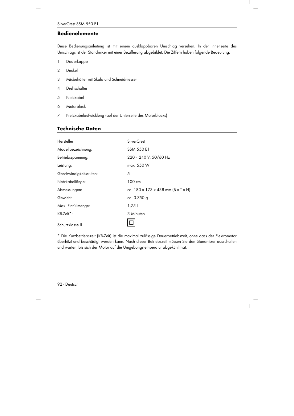 Bedienelemente, Technische daten | Silvercrest SSM 550 E1 User Manual | Page 94 / 110