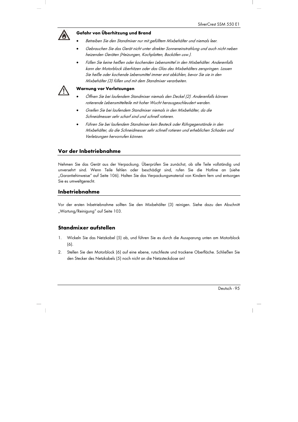 Vor der inbetriebnahme, Inbetriebnahme, Standmixer aufstellen | Silvercrest SSM 550 E1 User Manual | Page 97 / 110