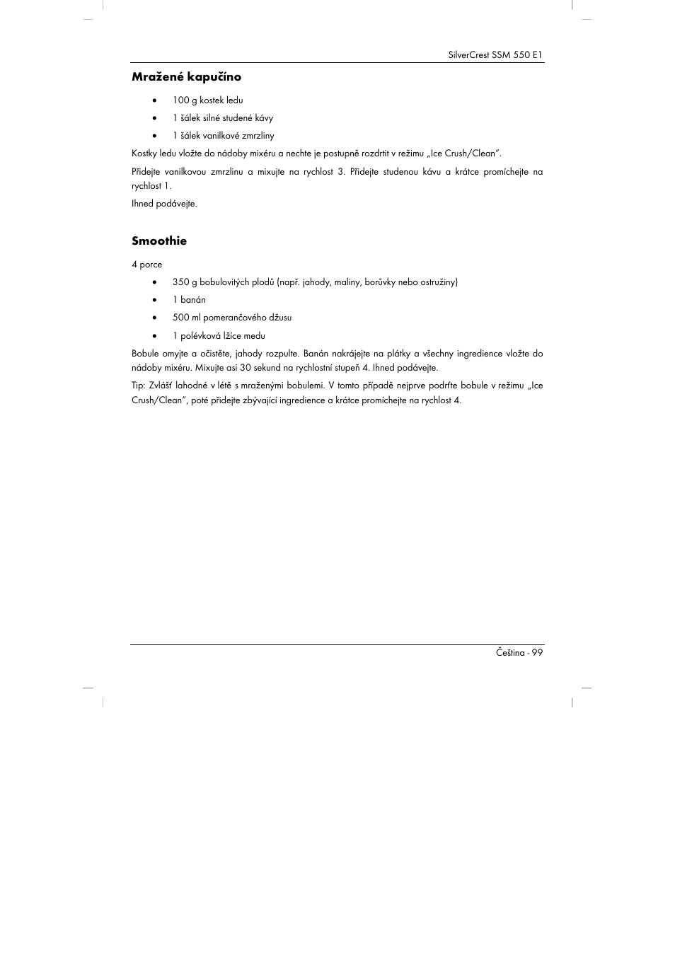 Mražené kapučíno, Smoothie | Silvercrest SSM 550 E1 User Manual | Page 101 / 154