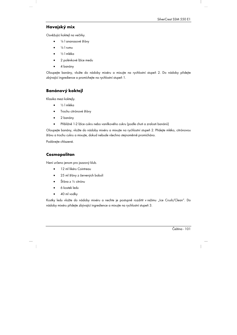 Havajský mix, Banánový koktejl, Cosmopolitan | Silvercrest SSM 550 E1 User Manual | Page 103 / 154