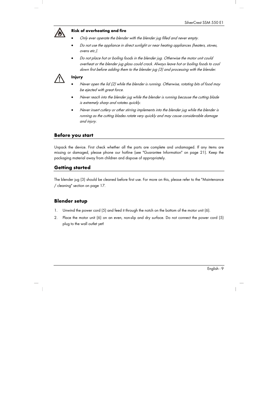 Before you start, Getting started, Blender setup | Silvercrest SSM 550 E1 User Manual | Page 11 / 154