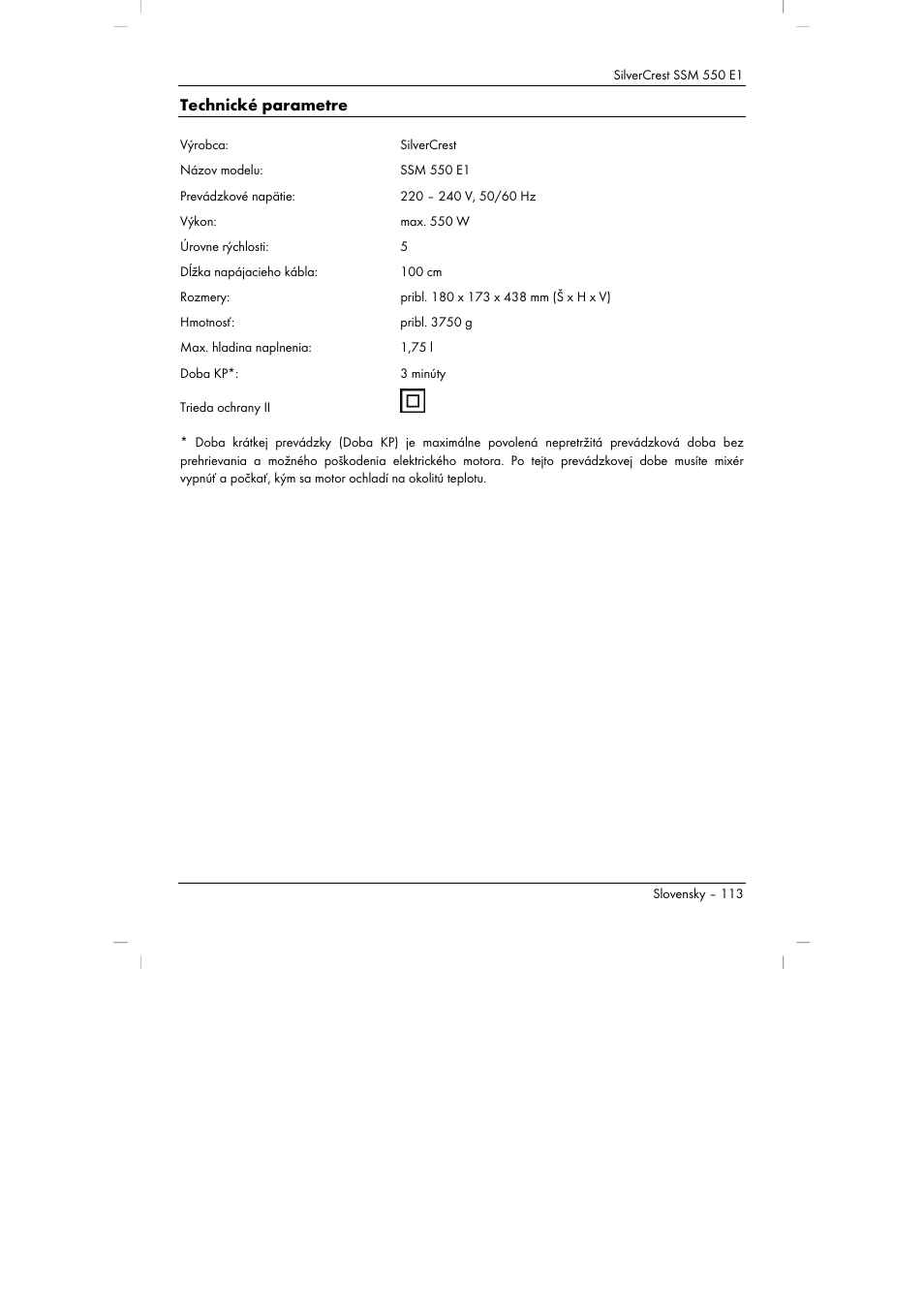 Technické parametre | Silvercrest SSM 550 E1 User Manual | Page 115 / 154