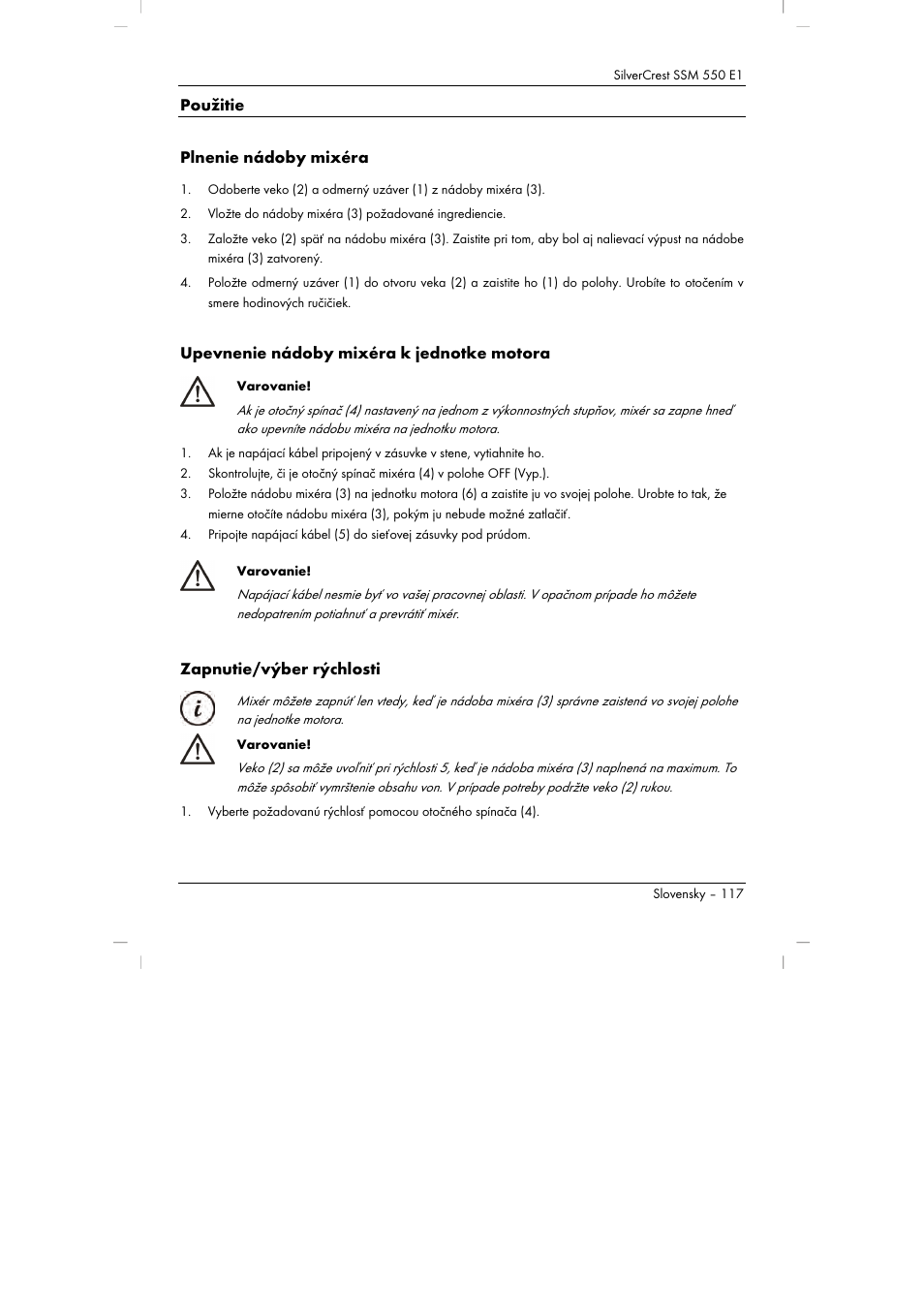 Použitie plnenie nádoby mixéra, Upevnenie nádoby mixéra k jednotke motora, Zapnutie/výber rýchlosti | Silvercrest SSM 550 E1 User Manual | Page 119 / 154