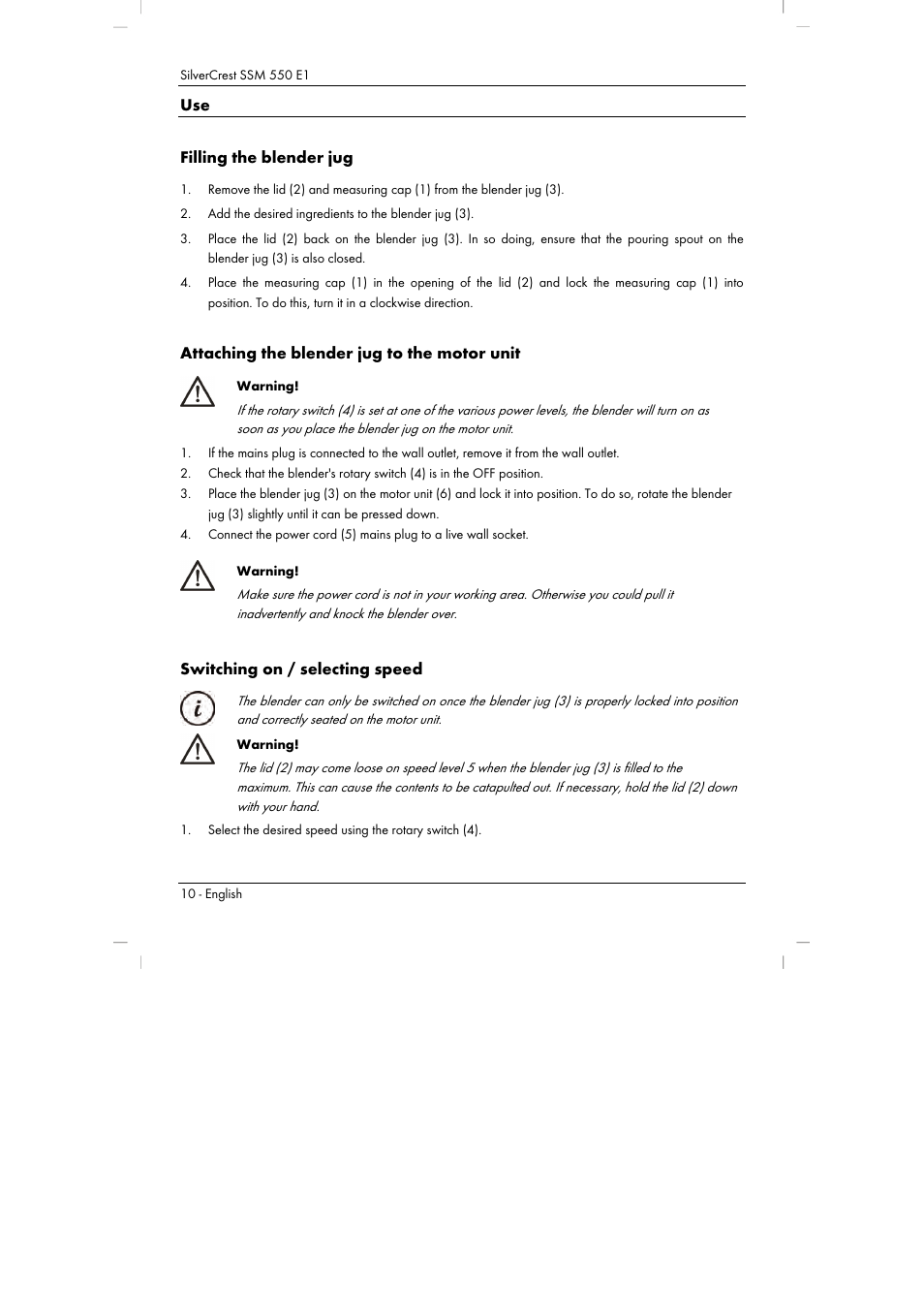 Use filling the blender jug, Attaching the blender jug to the motor unit, Switching on / selecting speed | Silvercrest SSM 550 E1 User Manual | Page 12 / 154