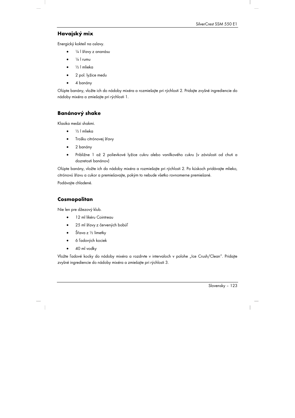 Havajský mix, Banánový shake, Cosmopolitan | Silvercrest SSM 550 E1 User Manual | Page 125 / 154