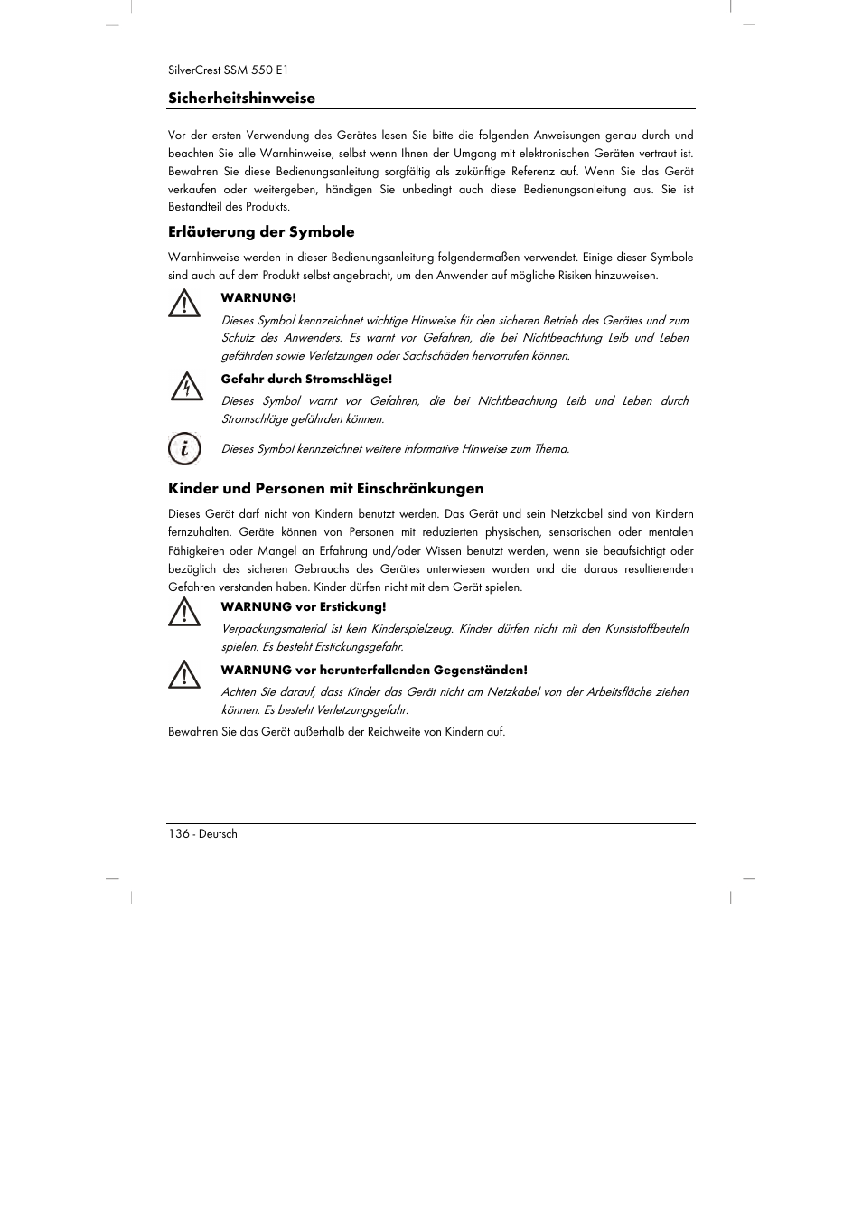 Sicherheitshinweise, Erläuterung der symbole, Kinder und personen mit einschränkungen | Silvercrest SSM 550 E1 User Manual | Page 138 / 154