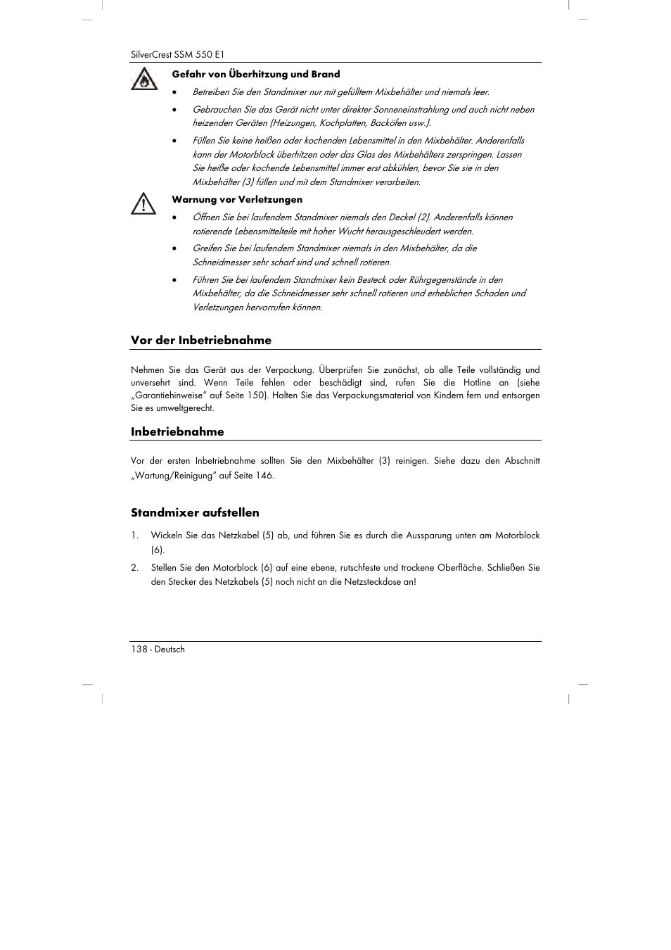 Vor der inbetriebnahme, Inbetriebnahme, Standmixer aufstellen | Silvercrest SSM 550 E1 User Manual | Page 140 / 154