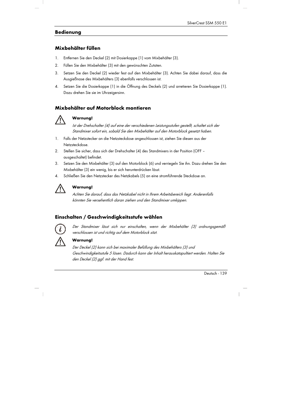 Bedienung mixbehälter füllen, Mixbehälter auf motorblock montieren, Einschalten / geschwindigkeitsstufe wählen | Silvercrest SSM 550 E1 User Manual | Page 141 / 154