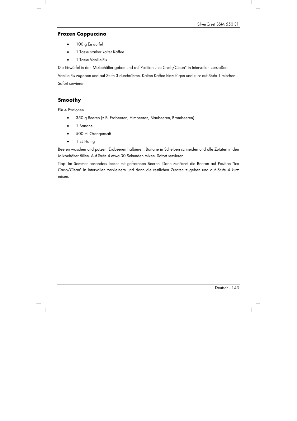 Frozen cappuccino, Smoothy | Silvercrest SSM 550 E1 User Manual | Page 145 / 154