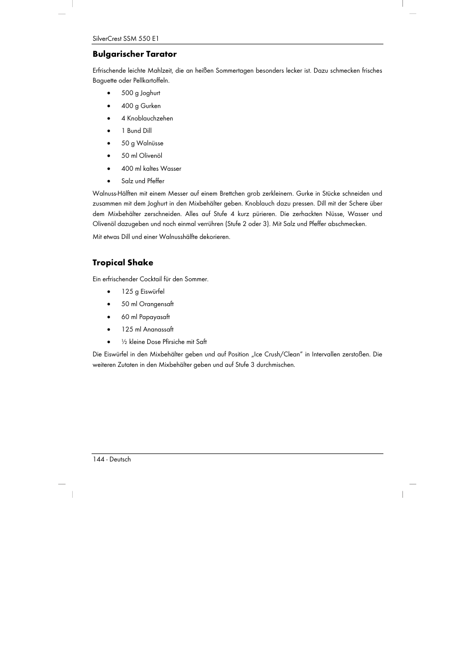 Bulgarischer tarator, Tropical shake | Silvercrest SSM 550 E1 User Manual | Page 146 / 154