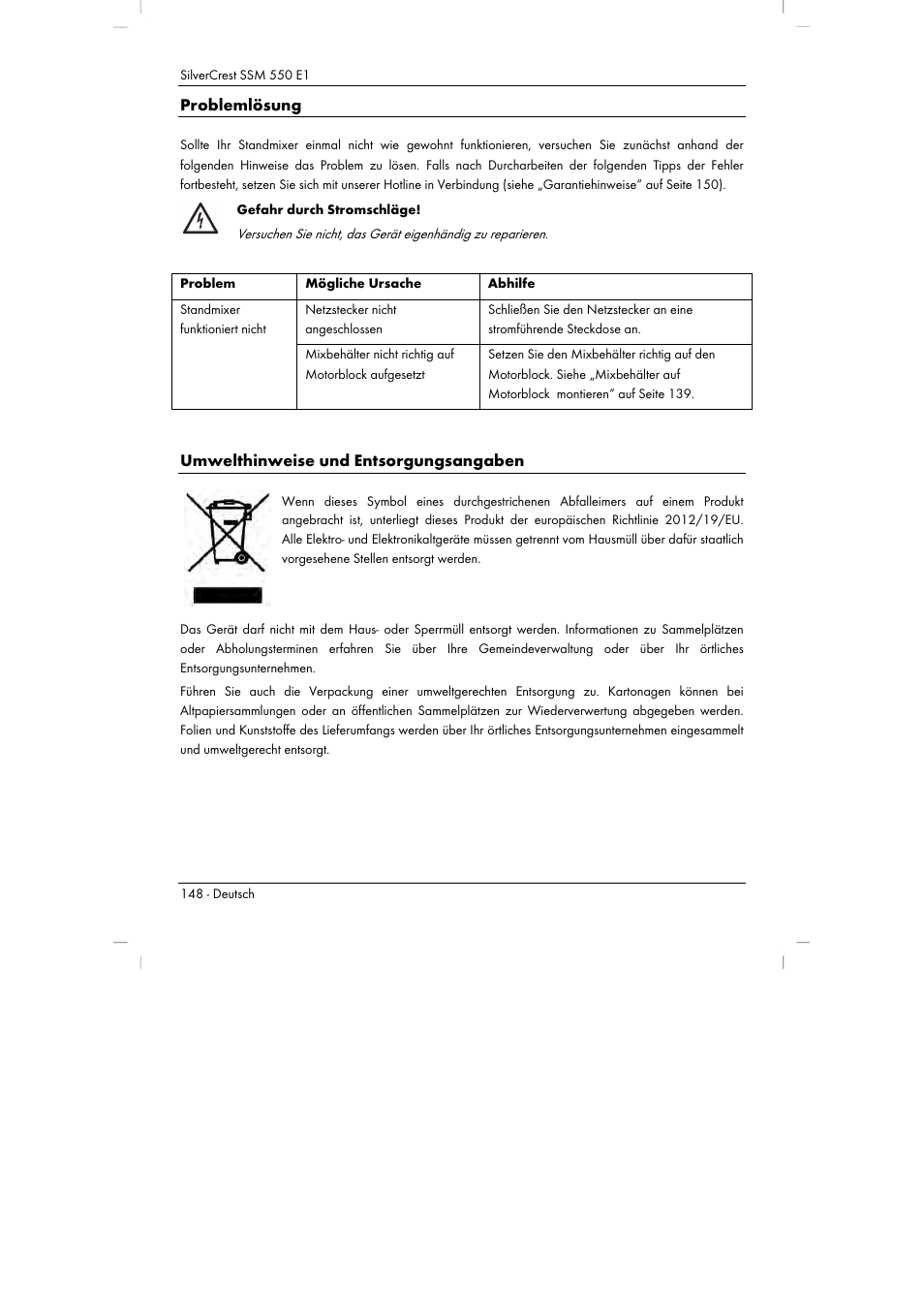 Problemlösung, Umwelthinweise und entsorgungsangaben | Silvercrest SSM 550 E1 User Manual | Page 150 / 154