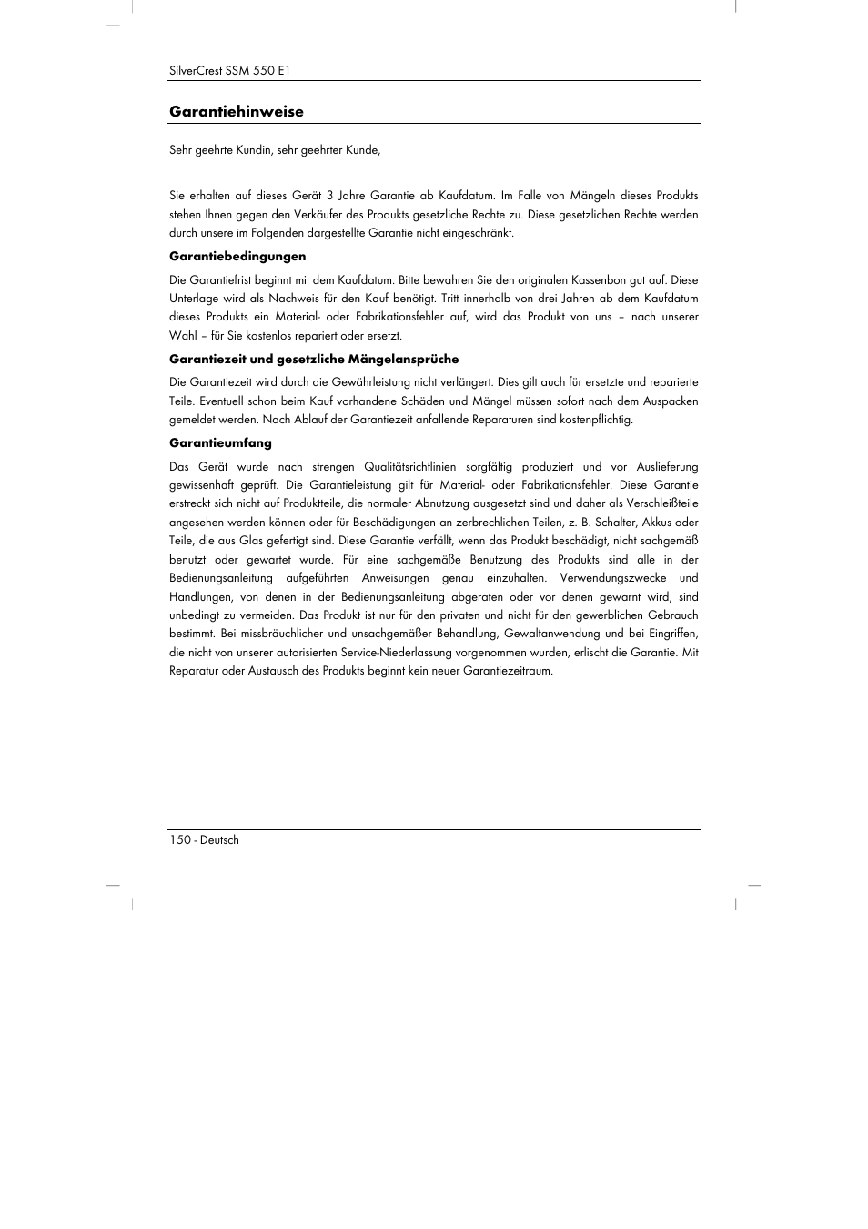 Garantiehinweise | Silvercrest SSM 550 E1 User Manual | Page 152 / 154