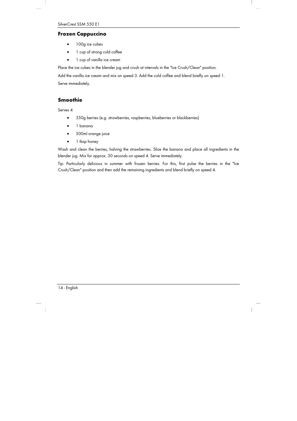 Frozen cappuccino, Smoothie | Silvercrest SSM 550 E1 User Manual | Page 16 / 154