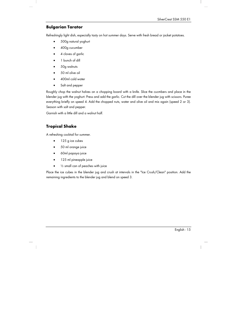 Bulgarian tarator, Tropical shake | Silvercrest SSM 550 E1 User Manual | Page 17 / 154