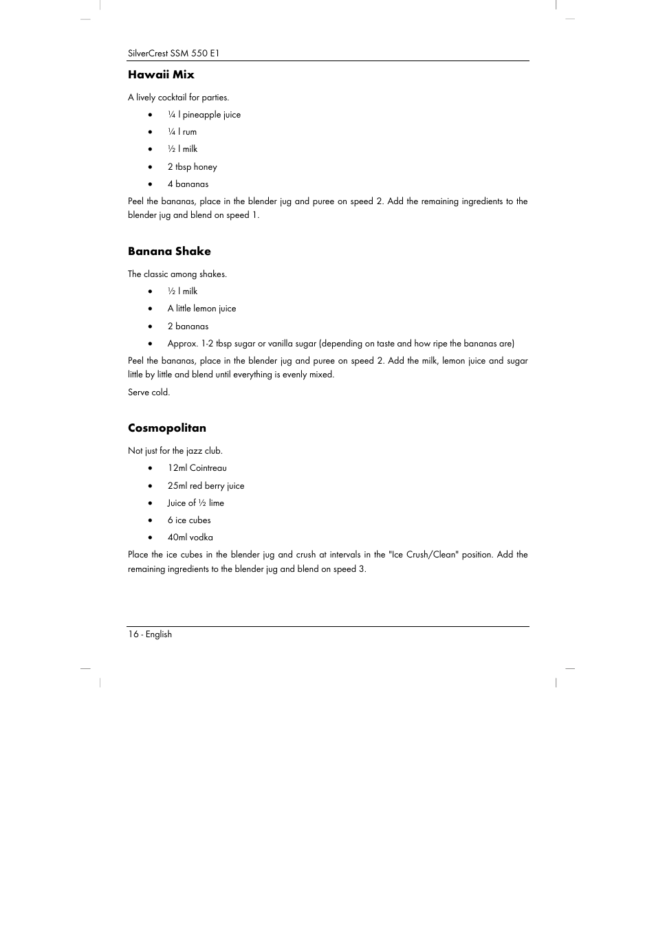 Hawaii mix, Banana shake, Cosmopolitan | Silvercrest SSM 550 E1 User Manual | Page 18 / 154