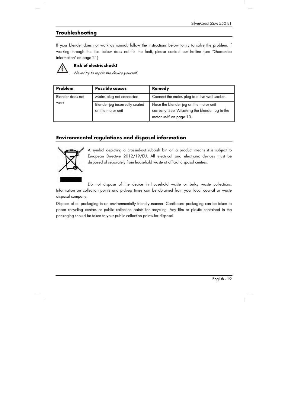 Troubleshooting, Environmental regulations and disposal information | Silvercrest SSM 550 E1 User Manual | Page 21 / 154