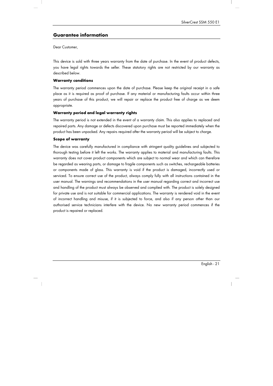 Guarantee information | Silvercrest SSM 550 E1 User Manual | Page 23 / 154