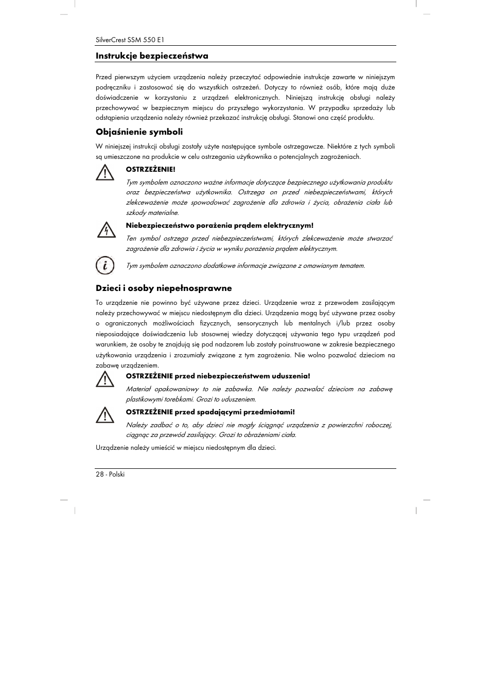 Instrukcje bezpieczeństwa, Objaśnienie symboli, Dzieci i osoby niepełnosprawne | Silvercrest SSM 550 E1 User Manual | Page 30 / 154