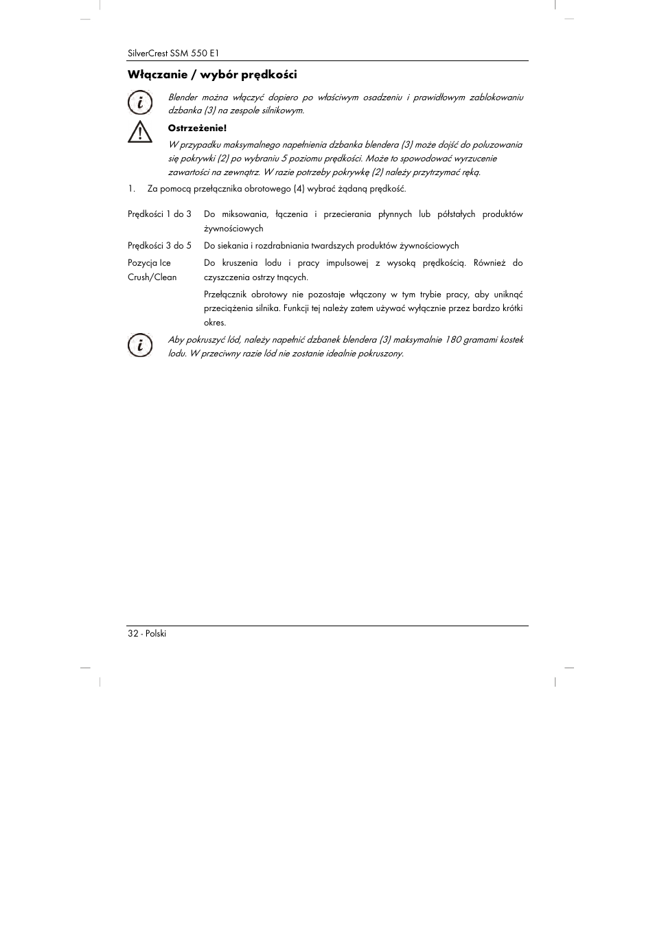 Włączanie / wybór prędkości | Silvercrest SSM 550 E1 User Manual | Page 34 / 154