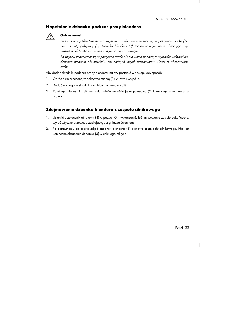 Napełnianie dzbanka podczas pracy blendera, Zdejmowanie dzbanka blendera z zespołu silnikowego | Silvercrest SSM 550 E1 User Manual | Page 35 / 154