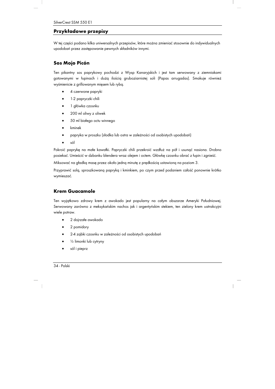 Przykładowe przepisy, Sos mojo picón, Krem guacamole | Silvercrest SSM 550 E1 User Manual | Page 36 / 154