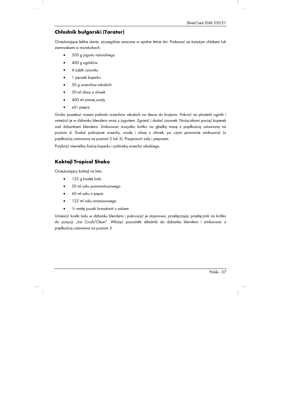 Chłodnik bułgarski (tarator), Koktajl tropical shake | Silvercrest SSM 550 E1 User Manual | Page 39 / 154