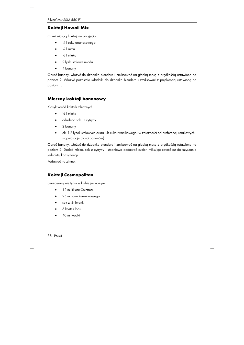 Koktajl hawaii mix, Mleczny koktajl bananowy, Koktajl cosmopolitan | Silvercrest SSM 550 E1 User Manual | Page 40 / 154