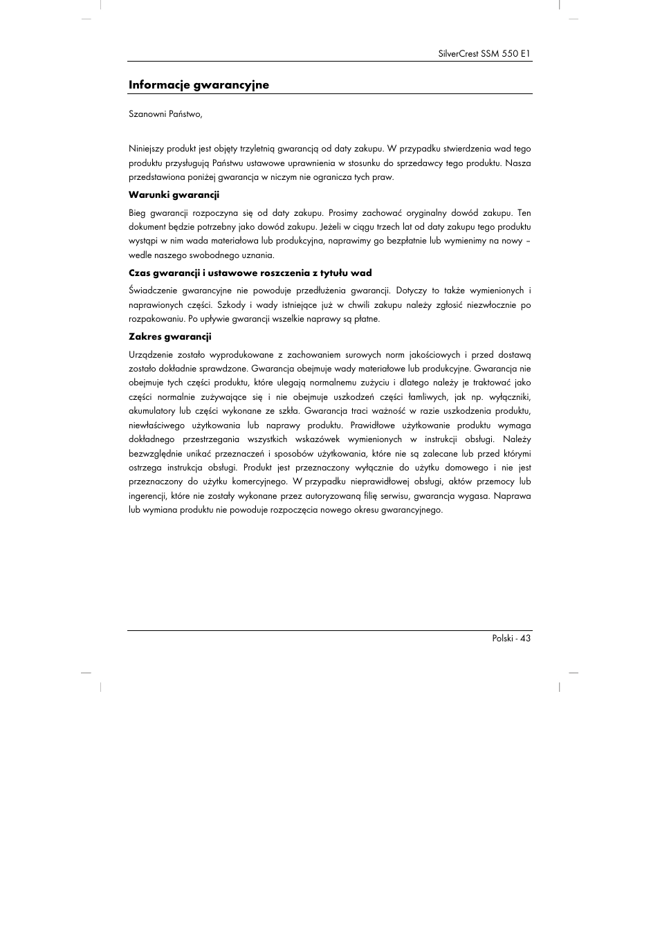 Informacje gwarancyjne | Silvercrest SSM 550 E1 User Manual | Page 45 / 154