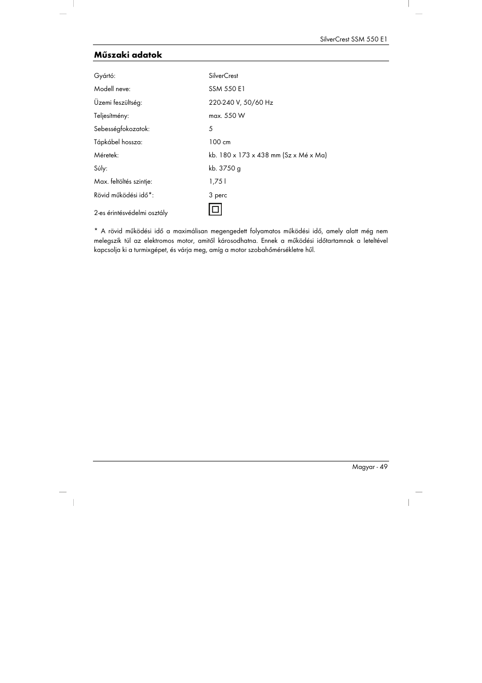 Műszaki adatok | Silvercrest SSM 550 E1 User Manual | Page 51 / 154