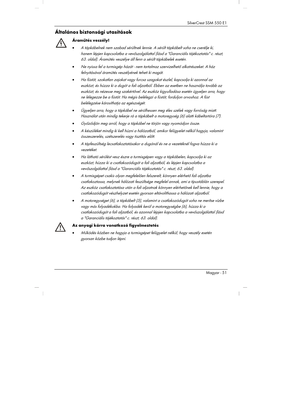 Általános biztonsági utasítások | Silvercrest SSM 550 E1 User Manual | Page 53 / 154