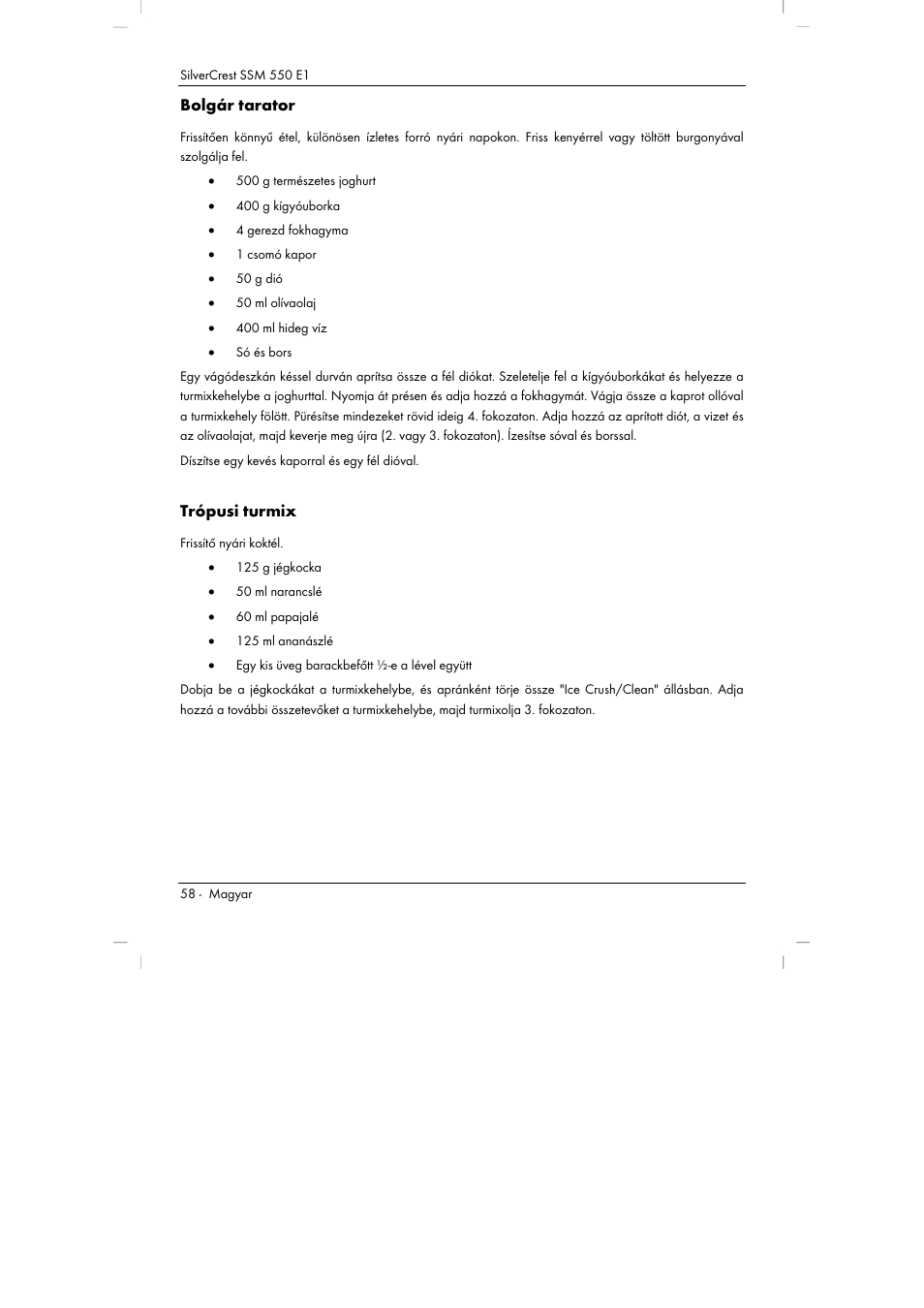 Bolgár tarator, Trópusi turmix | Silvercrest SSM 550 E1 User Manual | Page 60 / 154