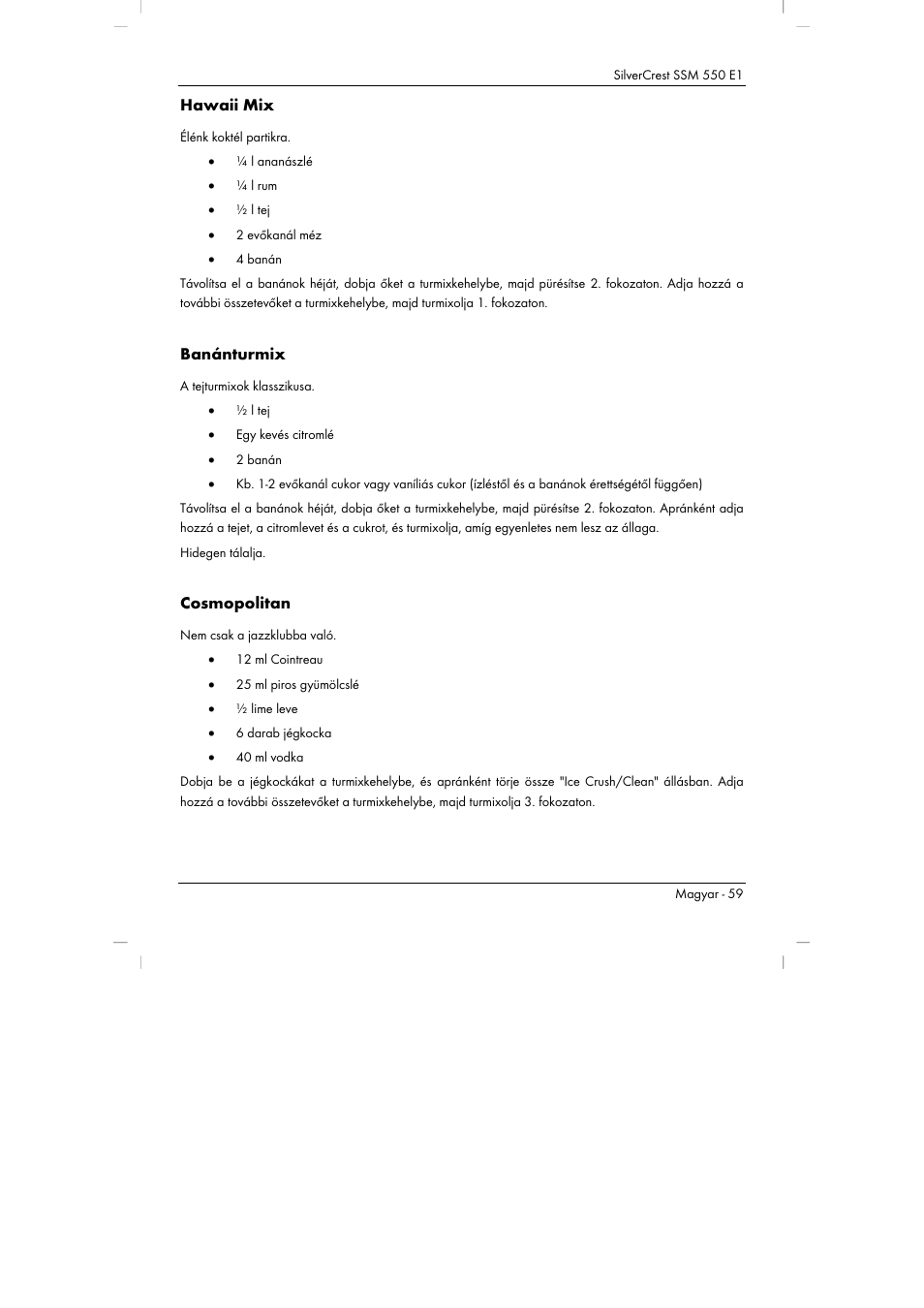 Hawaii mix, Banánturmix, Cosmopolitan | Silvercrest SSM 550 E1 User Manual | Page 61 / 154