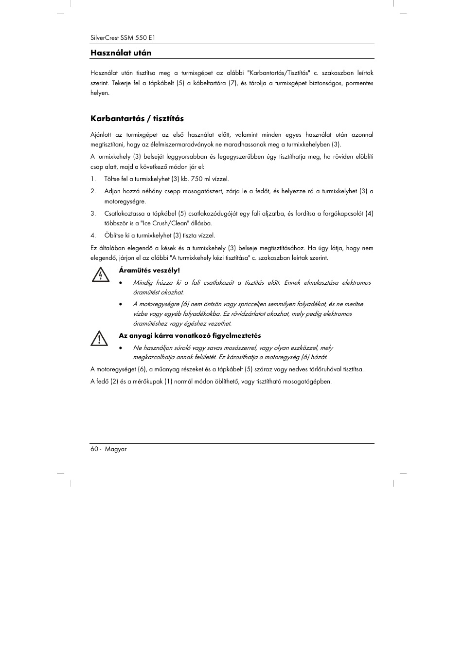 Használat után, Karbantartás / tisztítás | Silvercrest SSM 550 E1 User Manual | Page 62 / 154